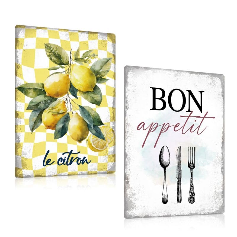 LOT DE 2 - Murale Decoration Cuisine en Plaque Metal Vintage - Pancarte avec Citron - Bon Appetit - TAILLE A4