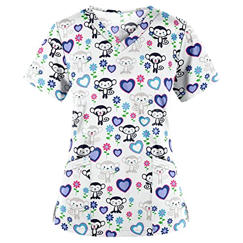 Scrubs Plus Size Scrubs Scrub Tops Women Cute Animal Pink Scrub Tops Women Casual Short Sleeve Scrubs Teen Girls Winter Business V Neck Print Scrub Baggy Scrubs for Womens White Yen