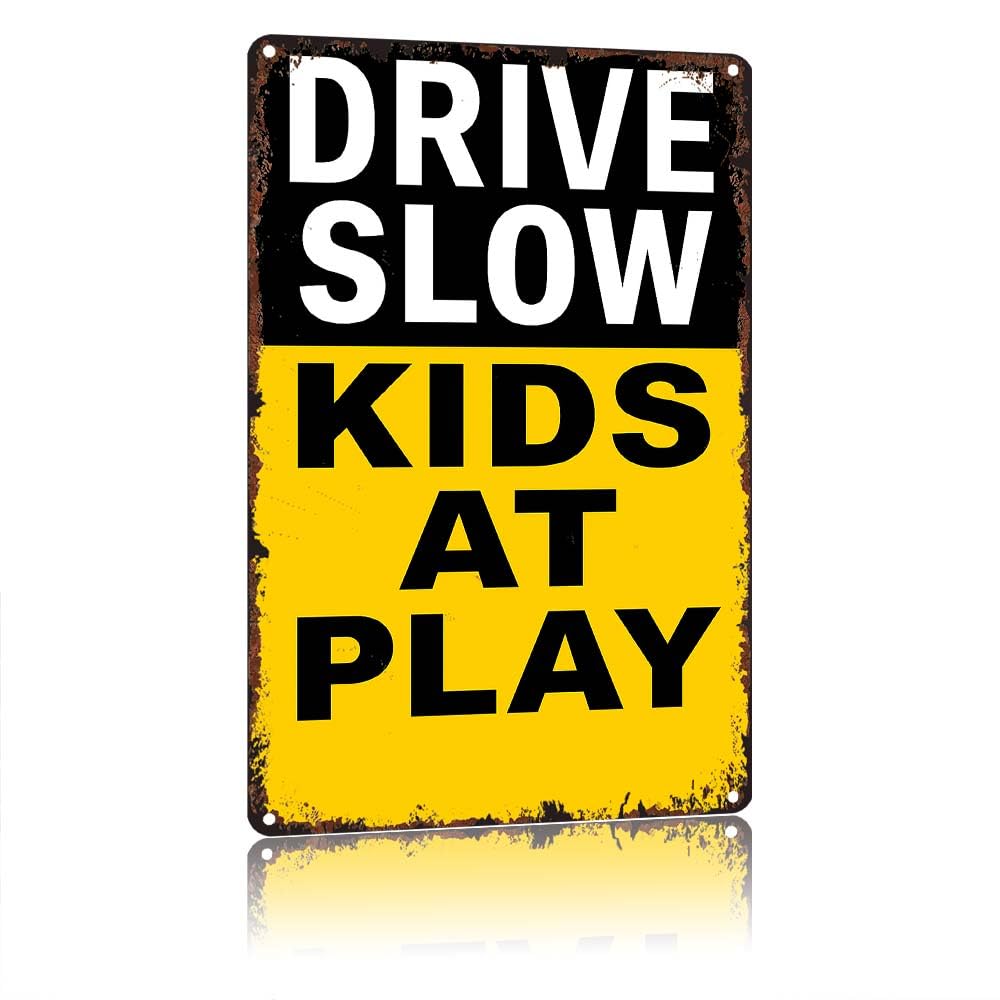 peiyeety Drive Slow Kids At Play Vintage 12X8 Inch Aluminum Metal Sign, Retro Rusted Edge Decorative Warning Sign for Residential Streets, Neighborhood, Driveway, Outdoor Yard Wall Decor