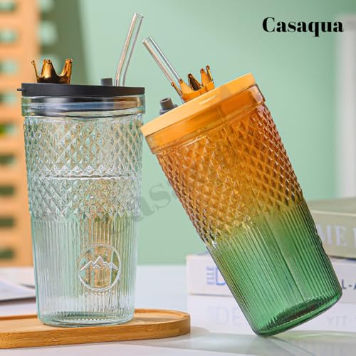 Image of Fashion Glass Cup with Lid and Straw - 600ml, Set of 1, Glass Cups, Clear Glassware for Kitchen, Home Heat Resistant Drinking Tumbler Office Ice Coffee Glasses Tea Mug