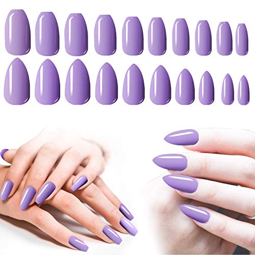 Purple Press On Nails Medium, 200PCS Cosics Solid Glossy Coffin Shaped Acrylic Fake Nails for women & Stiletto Almond Nail Short, 10 Sizes Full Cover Artificial Glue On Nails Tips for Nail Art, Gift
