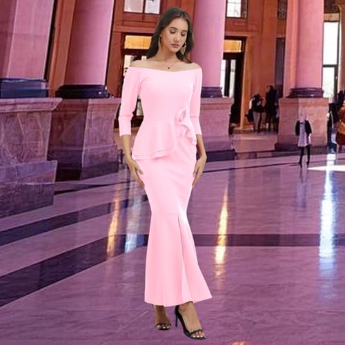 Image of Women's Elegant Formal Mermaid Maxi Dress Off Shoulder Long Sleeve Wedding Split Evening Gown Prom Cocktail Party Dresses