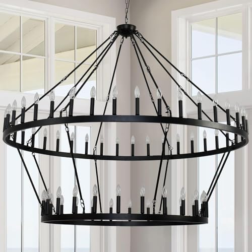 SUSVQLXG 2 Tier Large Black Wagon Wheel Chandelier Farmhouse Industrial Chandelier Rustic Pendant Light Fixture Extra Large Wheel Chandeliers for high Ceilings (Black, 70 Inch 40-Lights)