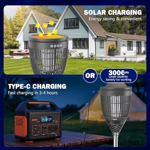 Image of All in 1 Solar Bug Zapper Outdoor, Flame & Projection Mode, Auto /Manual Modes, 4200V Electric Mosquito Killer with High Powered, IPX5 Waterproof Rechargeable Fly Insect Trap for Patio Garden Yard RV