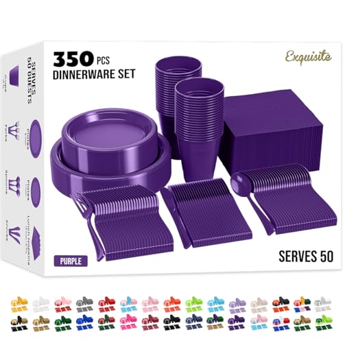 350 Pcs Purple Plastic Plates For Party Purple Disposable Plates Set 50 Of Each 9 Dinner Plate Set 7 Dessert Plate Cups Napkins & Cutlery Plastic Dinnerware Set Exquisite