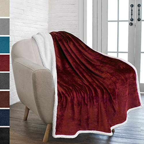 PAVILIA Premium Sherpa Fleece Throw Blanket | Soft, Plush, Fuzzy Burgundy Wine Red