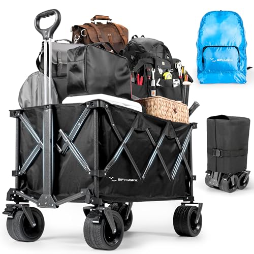 36" Collapsible Wagon Cart with Big All-Terrain Beach Wheels, Foldable Heavy Duty Wagons, Utility Carts for Camping, Garden, Outdoor, Grocery, Sports, Free Packable Backpack Included