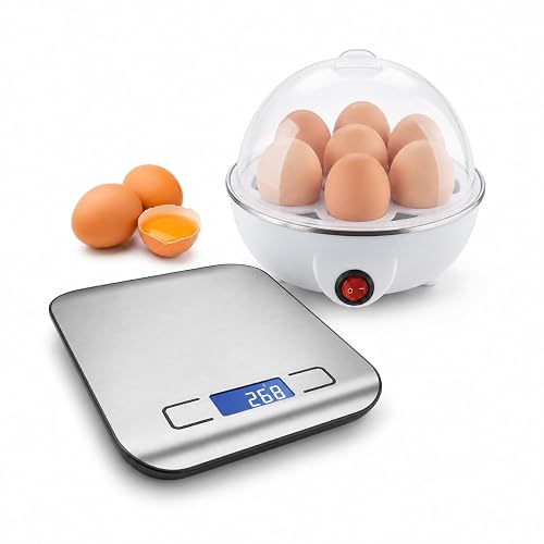 Kit Cozedor de Ovos Elétrico (127V) Com Desligamento Automatico + Balança Digital Inox 10kg Alta Precisão 1g Com Tara