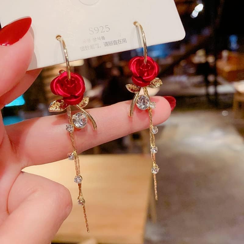 ANDPAI Unique Chic Long Tassel Chain Red Purple Rose Flower Dangle Drop Stud Earrings with White Sparkly Crystal for Women Statement Jewelry Gifts - Image 3
