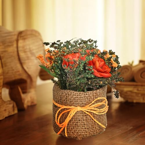 Image of Cortina Cylindrical Tea Red Rose Planter for Home Decor & Dining Table - Nordic Modern Boho Style Plastic Pot with Cloth Cover, Aesthetic Office Decor, 12 x 8 cm, Brown, 1 Pc