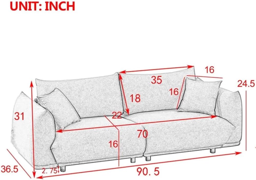 90.5'' Couch for Living Room Sofa,Solid Wood Frame and Stable Metal Legs, Furniture for Apartment