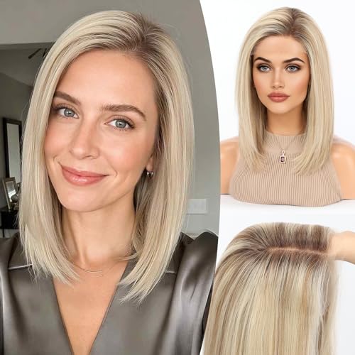 Image of KKU 100% Human Hair Lace Front Wig for Women- Pre-Plucked Natural Hairline, Side Part Ombre Blonde Brown Wig, 14 Inch, Soft & Natural Hair for Daily Use