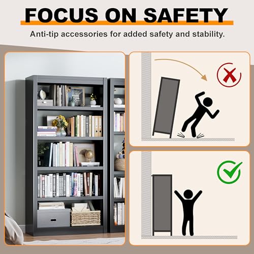 Image of 69 inch Tall Metal Bookshelf, 5-Tier Heavy Duty Bookcase Black | Adjustable Shelves, Open Display Storage, Anti-Tip Safety Design, Ideal for Living Room, Home Office & Garage
