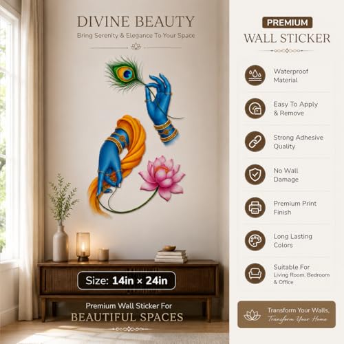 Image of Rangoli Krishna Wall Sticker Self-Adhesive 14 x 24 Inch Waterproof Wall Decor for Living Room Bedroom Office Divine Beauty Krishna Wall Decal