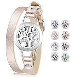 Essential Oil Diffuser Bracelet，Aromatherapy Locket Stainless Steel Bracelets Leather Band with 8 Color Felt Pads, Tree of Life Jewelry Mother's Day Gifts Birthday Gifts for Women Girl Mom Daughter Teens, Golden