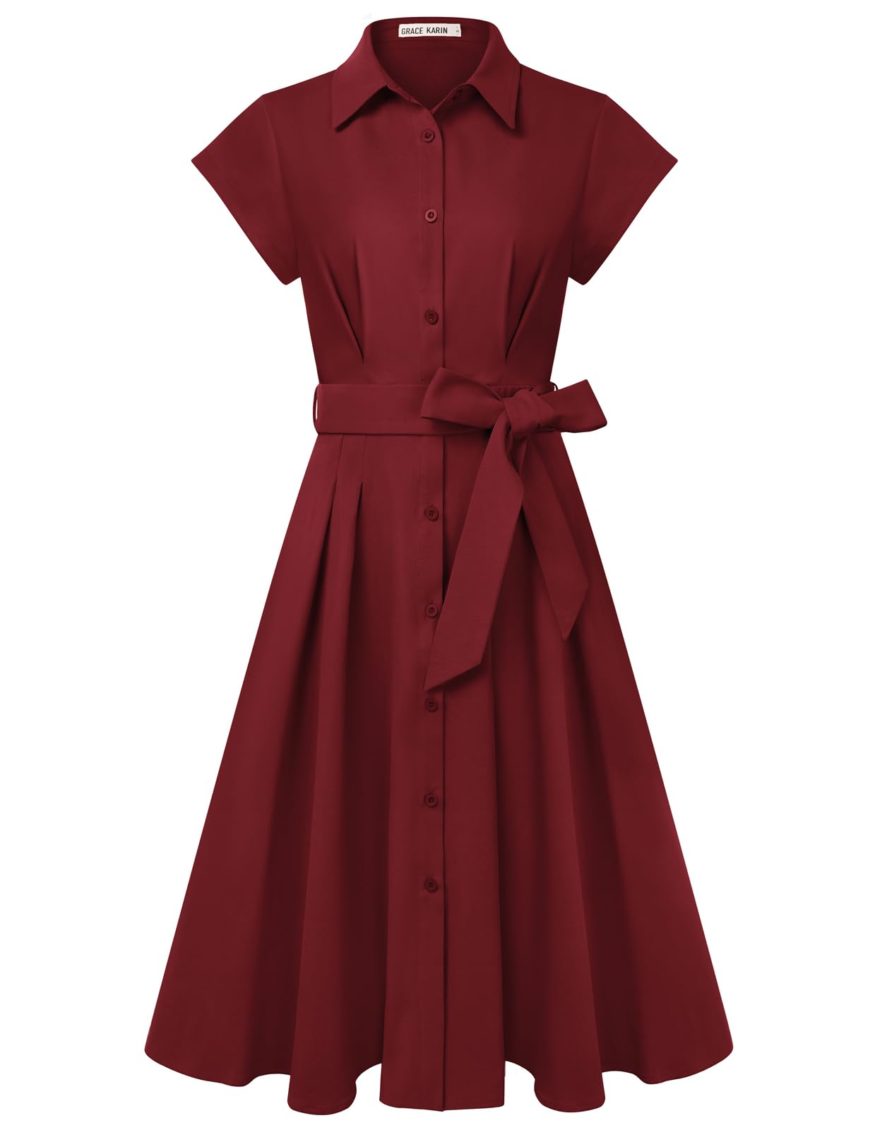 GRACE KARIN Abito midi da donna a maniche corte, linea ad A, elegante, collo con risvolto, bottoni, cravatta in vita, camicia per lavoro e matrimonio