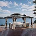 SEEHILL 12' x 20' Hardtop Gazebo, Outdoor Patio Gazebo, Aluminum Frame Patio Hardtop Gazebos with Netting and Curtain, Outdoor Patio Pergola with Double Steel Roofs for Deck, Lawns, Parties, Sandstone