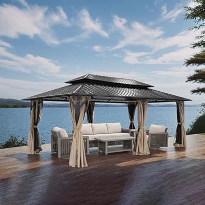 SEEHILL 12' x 20' Hardtop Gazebo, Outdoor Patio Gazebo, Aluminum Frame Patio Hardtop Gazebos with Netting and Curtain, Outdoor Patio Pergola with Double Steel Roofs for Deck, Lawns, Parties, Sandstone