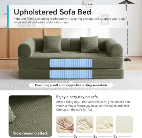 Image of Sleeper Sofa, Comfy Convertible Folding Couch-Futon-Corduroy Fabric Sleeper Sofa Bed with 2 Pillow, Removable Soft Cushion for Small Living Room Dorm /Bedroom /College /Office (Light Green)