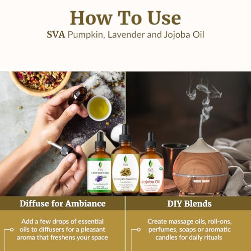 Image of SVA Pumpkin Seed, Lavender, and Jojoba Oil 4 oz Bundle Super Saver Combo - Value Set for Hair Oiling, Scalp Massage, Hair Care, Skin Care and Body Massage