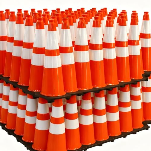 Image of (360 Pack Pallet) BESEA 28 Inch Orange PVC Traffic Cones with Black Base, High-Visibility Reflective Parking Cones, Durable Construction Safety Cones for Roads, Worksites, and Parking Areas