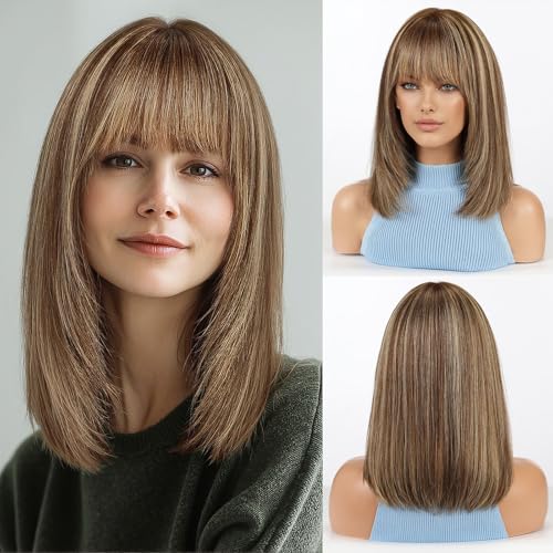 Image of RSY 14 Inch Ombre Brown Mixed Blonde Straight and Layered Real Human Hair Wigs for Women with Bangs