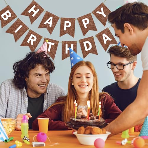 Image of Hooqict Happy Birthday Banner Brown Birthday Party Decorations Backdrop for Kids Adults Celebrations Brown Chocolate Party Banner Sign Wall Porch Door Hanging Garland
