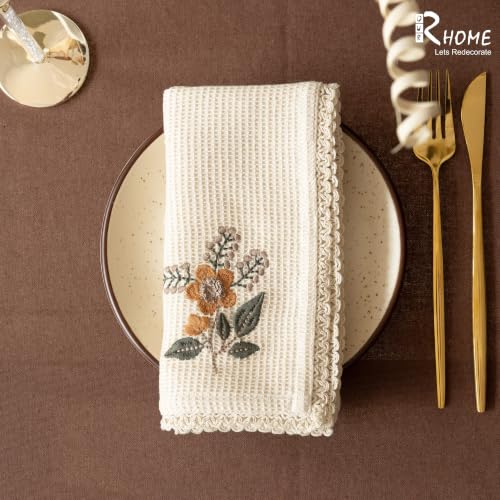 Image of R home Honeycomb Sunflower Embroidered Cotton Napkins with Lace, Set of 6, 16x16 Inch, Reusable Machine Washable Dinner Napkins for Dining Table, Lunch, Parties, Restaurants, Cafes & Home Decor