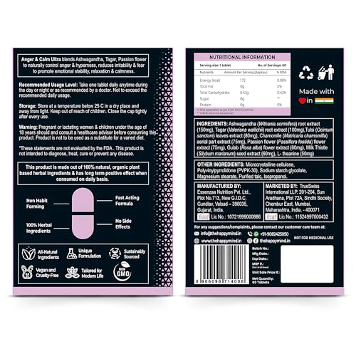 Image of HappyMind Botanicals Anger & Calm Ultra | Ayurvedic Anger Control Supplement for Calm Adults | Helps in Anger Management, Irritability & Emotional Relief | Ashwagandha, Tagar, Gulab | 60 Vegan Tablets