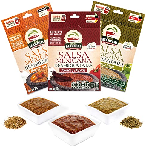CASA MAREGAL: Salsa Mexicana Deshidratada (12 piezas). Sólo añade agua caliente. Tomate & Chipotle, Tomate Verde & Jalapeño, Tomates con Habanero