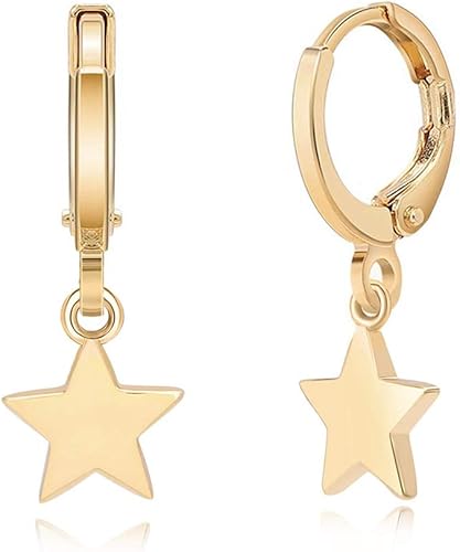 SANNYRA Aretes de aro para mujer, chapados en oro de 14 quilates, circonita cúbica, luna, estrella, rayo, mal de ojo, aretes colgantes para mujer