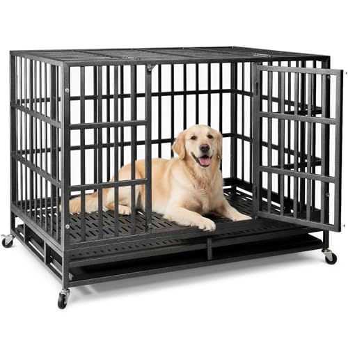 NUGRIART 48 Inch Heavy Duty Indestructible Dog Crate, XL Steel Escape-Proof Kennel for Large Dogs, Double Door Design with 4 Locking Wheels & Reinforced Baseplate, Ideal for High-Anxiety Dogs