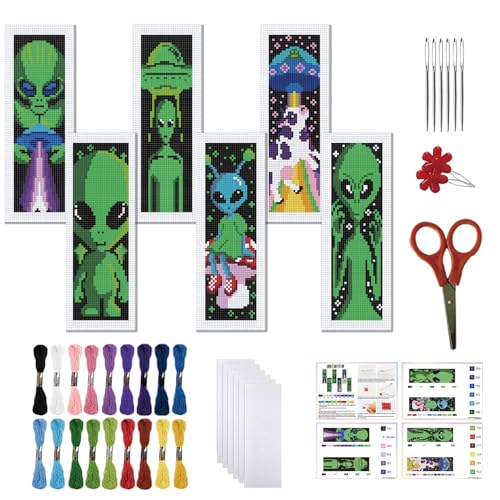Image of FREEBLOSS 6 Set Cross Stitch Bookmark Kits Alien Pattern Stamped Cross Stitch Kit 11CT Embroidery Kit with Instructions for Beginners 20x6cm /8x2.4inch
