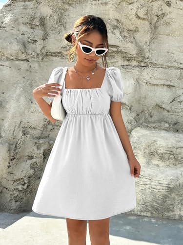 Image of Shasmi Women's & Girl's Dress for Women l One Piece Dress for Women l Beach Dress for Women, Solid Textured Puff Sleeve Square Neck Midi Dress (Dress 115)