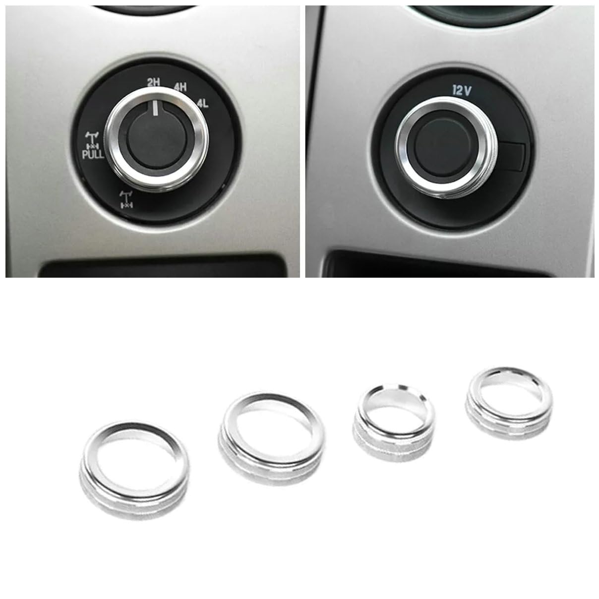 4Pcs Headlight Switch Cover Knob Ring Trim Aluminum Bezel for Ford F150 2009 2010 2011 2012 2013 2014 Silver 4WD Knob Trim Ring Cover Set