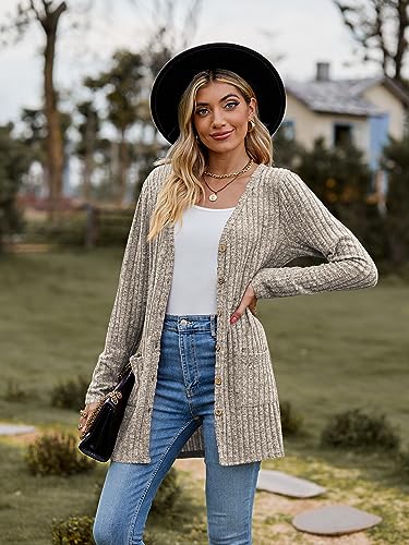 Famulily Damen Open Front Lange Strickjacken mit Taschen für Frauen Cosy Lose Open Front Pullover Mantel (M, Khaki)