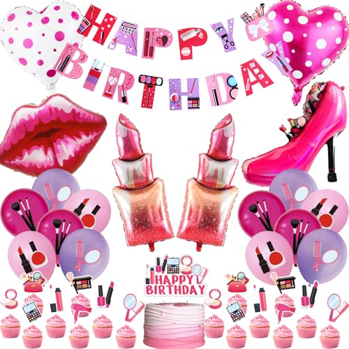 Decorazione per feste di compleanno per ragazze, 36 pezzi, striscione per feste termali, palloncini, decorazioni per torte, rossetto, labbra, cuore, tacchi alti, palloncini per ragazze, donne, trucco