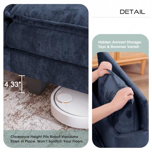 Image of 97 inch V Shaped Sectional Couch, Comfy Chenille Upholstered Modular Cloud Sofa, Convertible L Shaped Corner Couch with Storage Armrests & 2 Pillows, 5 Seat Sectional Couches for Living Room, Blue