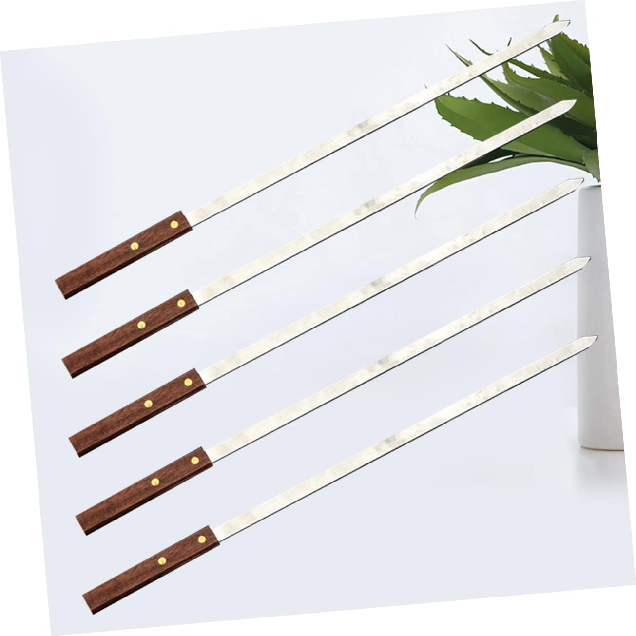 5pcs Stainless Steel Bbq Skewers Wooden Handle Flat Meat Skewers Reusable Rustproof for Outdoor Bbq