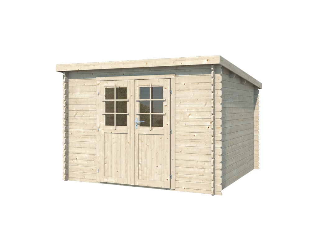 Holz Gartenhaus Blockbohlenhaus CA2974 | Wandstärke 28 mm | Naturbelassen | B x T x H: 298 x 259 x 203 cm | Doppeltür mit Echtglas