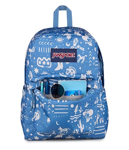 Image of JanSport SuperBreak Plus Backpack with Padded 15-inch Laptop Sleeve and Integrated Bottle Pocket - Spacious and Durable Daypack for Work and Travel, Yeehaw And Horses Elemental Blue /Cream