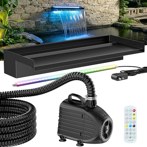 POPOSOAP 24 Inch Pond Waterfall Spillway Kit, RGB Multi-Color LED Lights Pond Waterfall with 1200GPH Pond Pump & 304 Stainless Steel, APP/Remote Contr