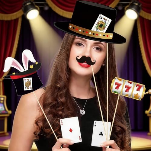 25 Stück Las Vegas Deko Foto Requisiten – Casino Deko Fotobox Accessoires mit Bart, Lippen & Brillen Mustern,Perfekt für Las Vegas Party, Casino Royal Theme Nachtparty & Fotoshooting Partydeko Zubehör