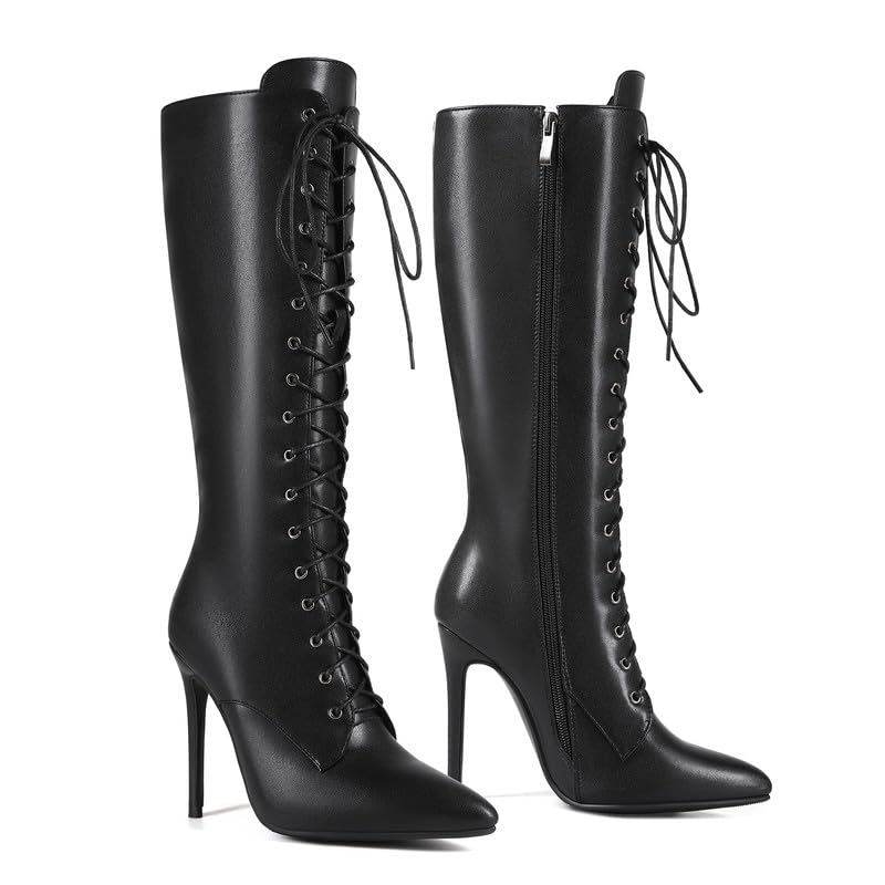 Damen Kniehohe Schnürstiefel High Heels mit Reißverschluss | Stiletto Stiefel, Spitze Zehen, Knee High Boots, Sexy Look für Party & Club