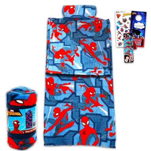 Spiderman Sleeping Bag Set - Bundle with Soft Superhero Slumber Bag with Pillow Plus Stickers More for Kids Boys | Spiderman Sleeping Bag 27 x 55