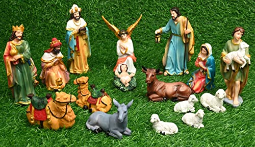 Image of KariGhar Resin Nativity /Crib Idols Set Of 15 Pieces [Pack - Mary, Joseph, Baby Jesus, Angel, 3 Wise Men, The Shepherd, 7 Animals], Multicolour, 5 Inch Set, A0095