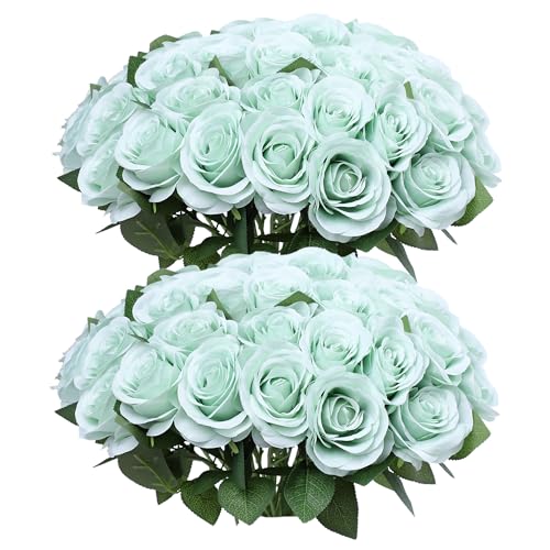 DELOVO 52pcs Sage Green Roses Artificial Flowers Sage Green Fake