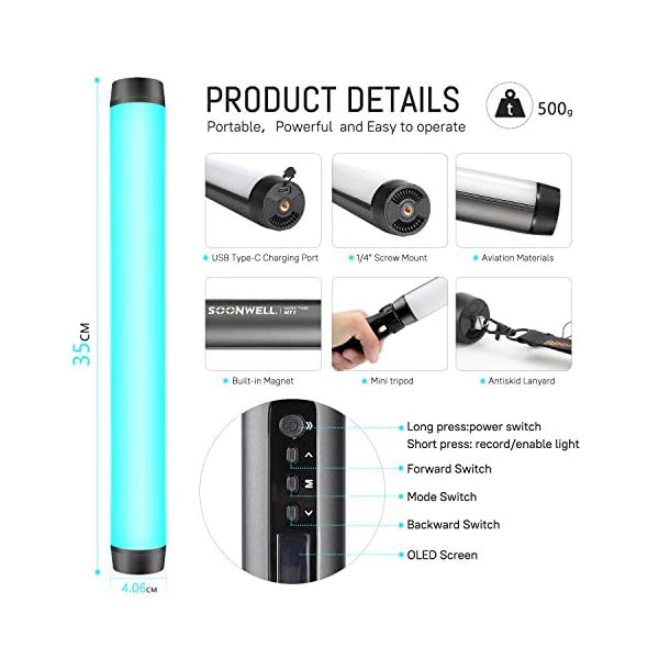 SOONWELL MT1 RGBW LED Videoleuchte Lichtstab IP68 wasserdichte APP Steuerung Handheld Fotografie Licht 1600K-20000K… – Bild 3