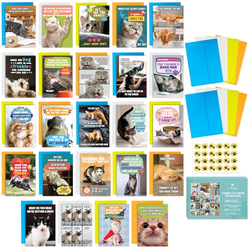 T MARIE 24 Funny Cat Meme Greeting Cards with No Repeats - Clean Humor Dad Joke Notes for Friends Kids Students Teachers Summer Camp - 4.5 x 6.25 Bulk Thinking of You Animal Notecards
