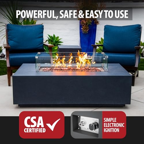 Image of AMS Creations | Chelsea 55 inches Rectangular Propane Gas Outdoor Fire Pit Table | Concrete GFRC Fire Pit Table | with SS Burner, Canvas Cover, SS Lid, Lava Rock, and Wind Guard Included